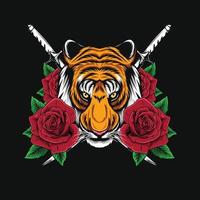 tiger head and flower illustration vector