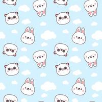 Cute seamless pattern of panda and bunny faces with white clouds on a blue background vector