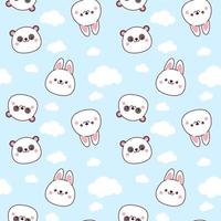 Cute seamless pattern of panda and bunny faces with white clouds on a blue background vector