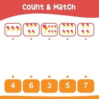 Count and match together worksheet. Educational printable math worksheet. Math game for children. Vector illustration.