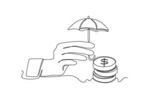 Single one line drawing financial safety with umbrella. Bank concept. Continuous line draw design graphic vector illustration.