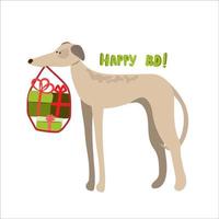 Greyhound dog with a large bundle of gifts and the inscription Happy BD. Card vector