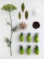 Ingredients for pickling green tomatoes. Concept culinary recipe preservation of vegetables in harvest season. Assorted tomatoes, garlic, dill, salt, pepper and bay leaf. Knolling concept. photo