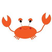 Happy crab with claws up in flat style. Simple marine, underwater character on white background, clipart vector