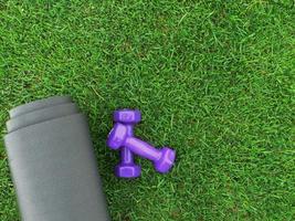 Keeping fit and exercising outdoor or at home. Purple dumbbells and yoga mat on green grass meadow in a backyard of home or park. Healthy lifestyle. Copy space on green grass. photo