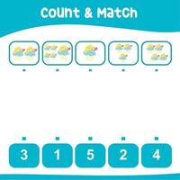 Count and match together worksheet. Educational printable math worksheet. Math game for children. Vector illustration.