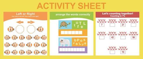 Activity sheet for children. Educational printable worksheet. Sea animal worksheet theme. Motor skills education. Vector illustrations.