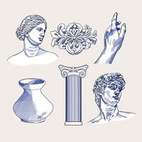 Antique statues, bust, pillar, amphora, column. Different objects. Mythical, ancient greek or roman style. Hand drawn sculpture illustration. Classic statues in modern style. Collage art elements vector