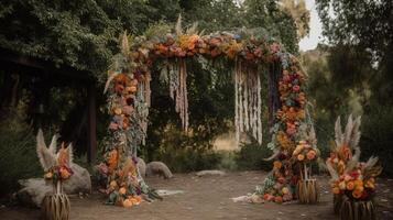 , Wedding ceremony boho rustic style arch with flowers and plants, flower bouquets. photo