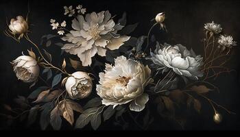 , Close up of blooming flowerbeds of amazing white and golden flowers on dark moody floral textured background. Photorealistic effect. photo