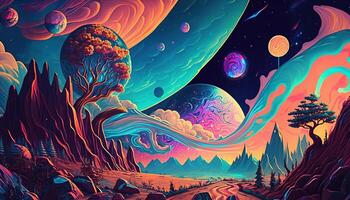 , Alien planet landscape. Psychedelic Space banner template, background. Horizontal illustration of the future with mountains, planets, trees, moon. Surrealist escapism. photo