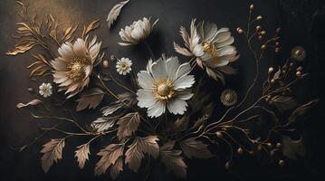 , Close up of blooming flowerbeds of amazing white and golden flowers on dark moody floral textured background. Photorealistic effect. photo