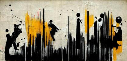 , Ink black street graffiti art on a textured paper vintage background, inspired by Banksy. photo