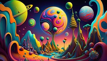 , Alien planet landscape. Psychedelic Space banner template, background. Horizontal illustration of the future with mountains, planets, trees, moon. Surrealist escapism. photo