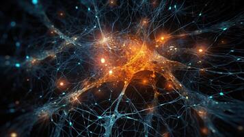 , Conceptual illustration of neuron cells with glowing link knots in abstract dark space, high resolution. Human nervous system, neural network photo