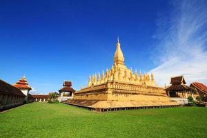 Beautiful great golden Pagoda at Wat Pha That Luang Temple at Vientiane province, Laos photo