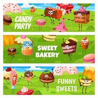 Candy party of cartoon dessert and cake characters vector
