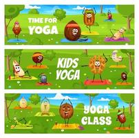 Kids yoga and fitness, cartoon nuts characters vector