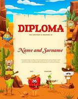 Kids diploma, cartoon cowboy, sheriff vegetables vector