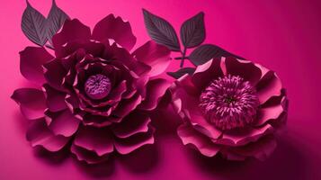 , Paper cut craft flowers and leaves, viva magenta color, floral origami textured background, spring mood. Photorealistic effect. photo