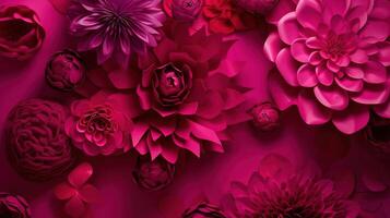 , Paper cut craft flowers and leaves, viva magenta color, floral origami textured background, spring mood. Photorealistic effect. photo