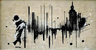 , Ink black street graffiti art on a textured paper vintage background, inspired by Banksy. photo