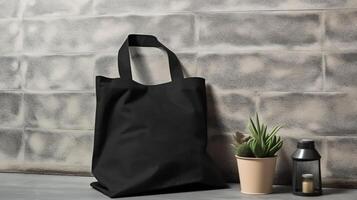 , Realistic black tote canvas fabric bag set-up in at interior or outdoor, shopper mock up blank. photo