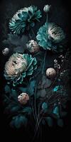 generativo ai, cerca arriba de floreciente Camas de flores de increíble verde azulado flores en oscuro temperamental floral texturizado antecedentes. vertical formato. foto
