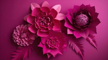 , Paper cut craft flowers and leaves, viva magenta color, floral origami textured background, spring mood. Photorealistic effect. photo