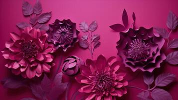 , Paper cut craft flowers and leaves, viva magenta color, floral origami textured background, spring mood. Photorealistic effect. photo