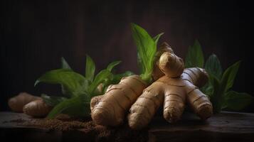 , ginger root spice photorealistic illustartion on dark background. photo