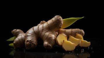 , ginger root spice photorealistic illustartion on dark background. photo