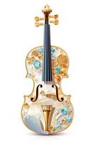 , beautiful musical instrument violin, brooch, opal stone and golden color palette isolated on white background. Bijouterie, jewelry close up photo