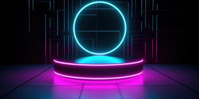 , Sci-Fi Futuristic neon glowing banner with podium. Abstract cyberpunk background for promotion goods. Mockup template photo