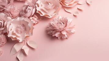 , Paper cut craft flowers and leaves, light pink color, floral origami textured background, spring mood. Photorealistic effect. photo