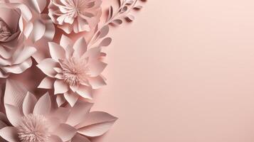 , Paper cut craft flowers and leaves, light pink color, floral origami textured background, spring mood. Photorealistic effect. photo