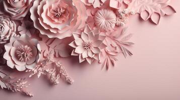 , Paper cut craft flowers and leaves, light pink color, floral origami textured background, spring mood. Photorealistic effect. photo