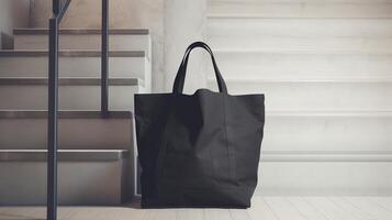 , Realistic black tote canvas fabric bag set-up in at interior or outdoor, shopper mock up blank. photo