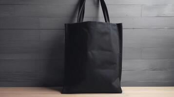 , Realistic black tote canvas fabric bag set-up in at interior or outdoor, shopper mock up blank. photo