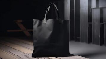 generativo ai, realista negro totalizador lona tela bolso configuración en a interior o exterior, comprador burlarse de arriba blanco. foto