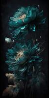 , Close up of blooming flowerbeds of amazing teal flowers on dark moody floral textured background. Vertical format. photo