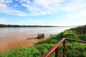 Tradition of Long tail boat and fisherman at Khong river the Thai-Laos border Chaingkhan distric Thailand photo