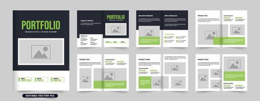 Architecture business portfolio and magazine layout vector with photo placeholders. Creative architect profile brochure design with green and dark colors. Architecture booklet template vector.