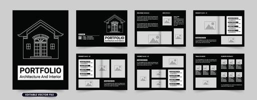 Real estate architect portfolio design with project catalogs. Architecture business profile magazine and template vector with dark colors. Architecture promotional booklet with photo placeholders.