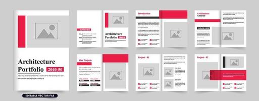 Modern architecture business promotional brochure template vector with dark and red colors. Real estate architect portfolio booklet vector with photo placeholders. Architecture business profile design