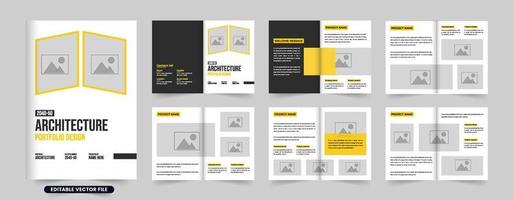 Real estate architecture business profile template vector with photo placeholders. Modern architect portfolio booklet layout with yellow and dark colors. Architecture business promotional magazine.