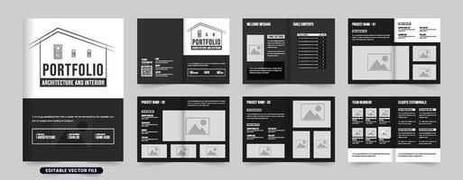 Architecture portfolio and magazine layout vector with photo placeholders. Real estate business booklet design with black and white colors. Architect profile and project catalog vector.