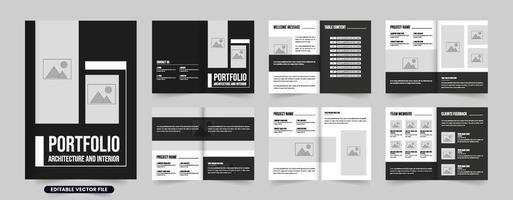 moderno arquitectura portafolio y revista modelo con negro y blanco colores. arquitecto perfil diseño diseño para marketing. arquitectura negocio promocional folleto con foto marcadores de posición vector