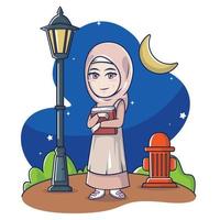 vector illustration woman hijab bring al qur'an with garden lamp in night background