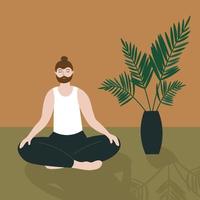 Man doing yoga, meditation in the room with a houseplant. A calm character is sitting on the floor. A person is engaged in exercises in harmony with himself, enjoys. Cartoon vector illustration